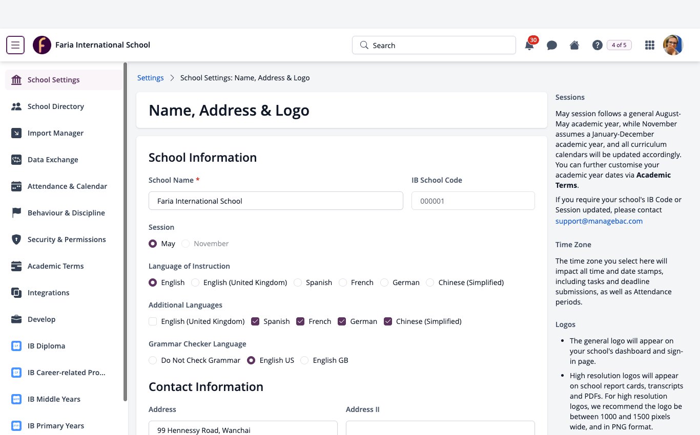 Capture d'écran : Paramètres ManageBac+, Paramètres de l'établissement, Page Nom, Adresse et Logo