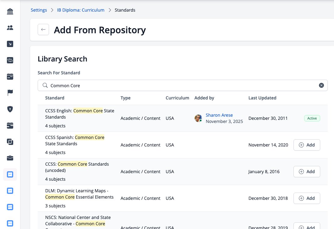 Captura de pantalla: Agregar resultados de búsqueda de repositorio para Common Core con activo y Agregar