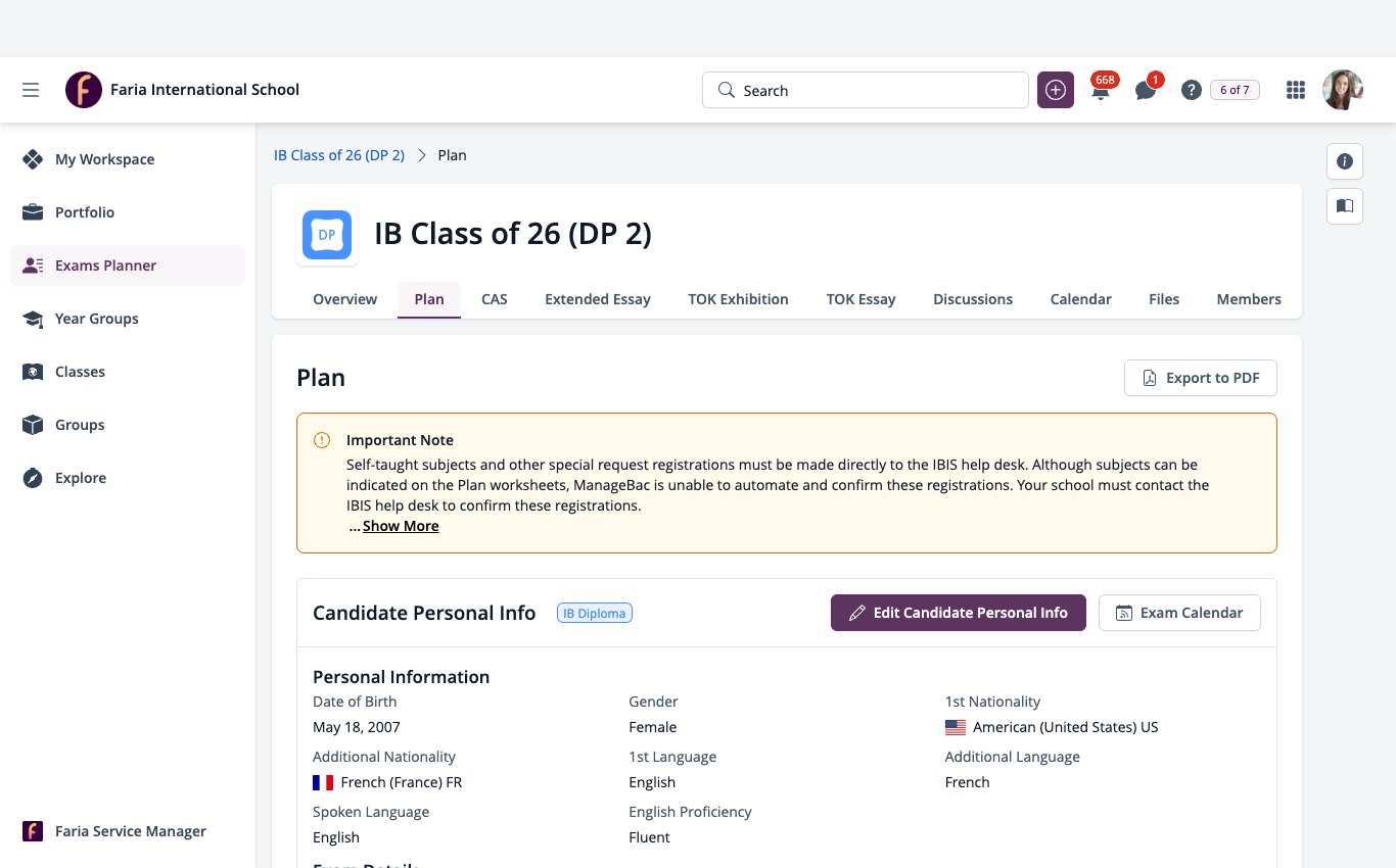 Captura de pantalla: una hoja de cálculo del Plan de estudios del estudiante abierta desde el Planificador de exámenes en el menú de la izquierda.
