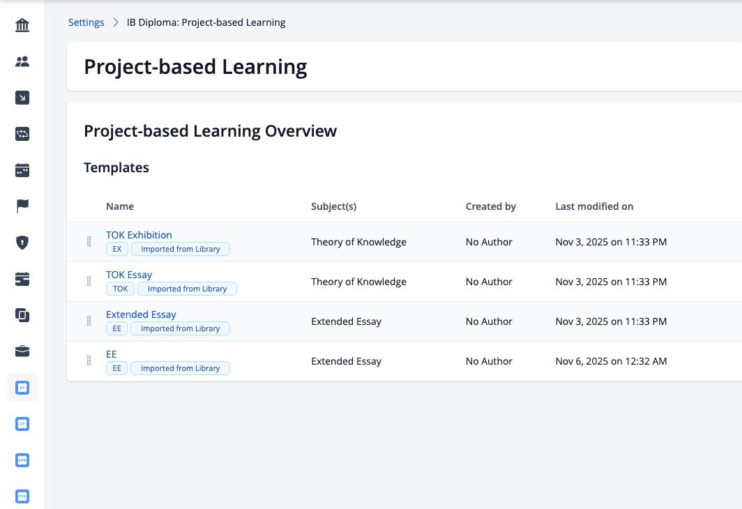 Screenshot: Project-based Learning templates list with the Extended Essay template