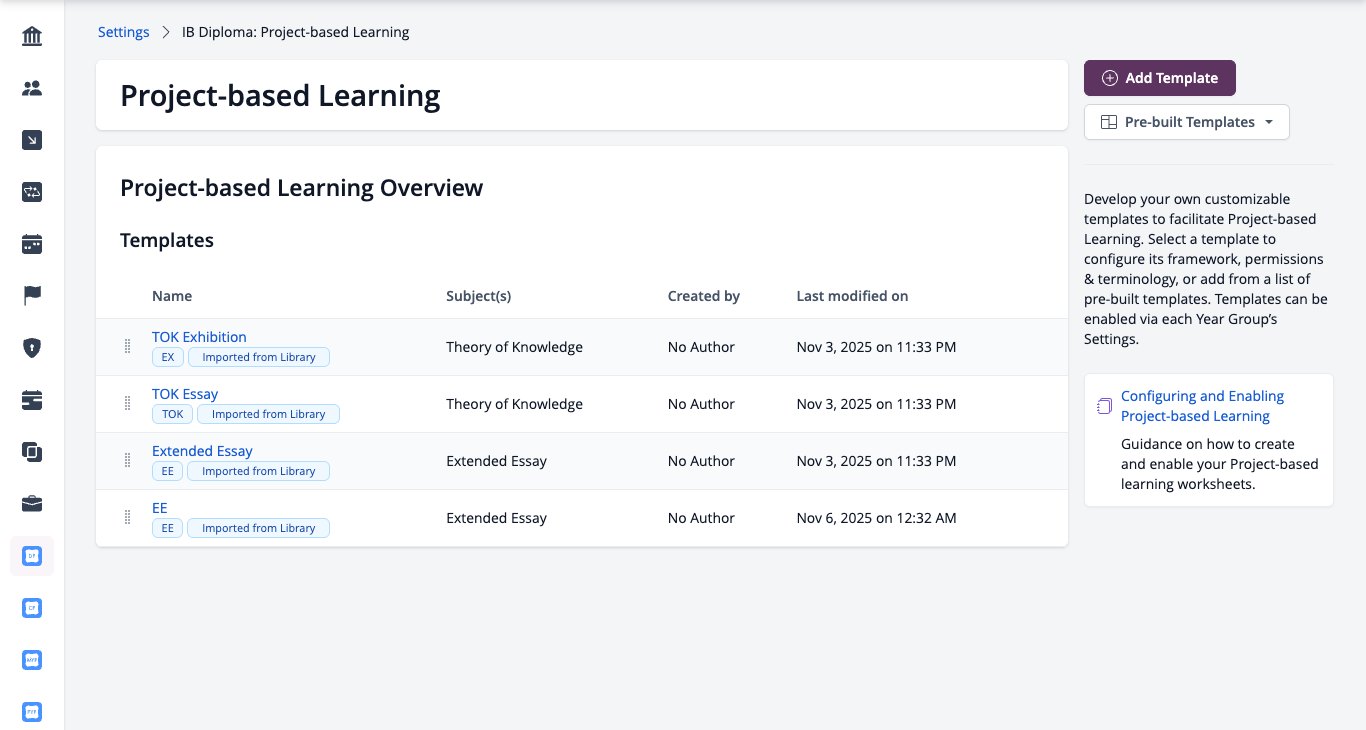 Screenshot: Project-based Learning with Pre-built Templates and Add Extended Essay Template in the right-hand panel