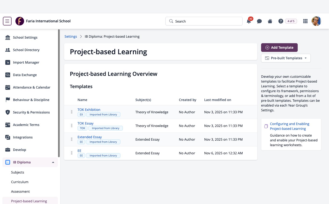 スクリーンショット：ManageBac+設定、IBディプロマ、プロジェクトベース学習（左側のメニューが開いている状態）