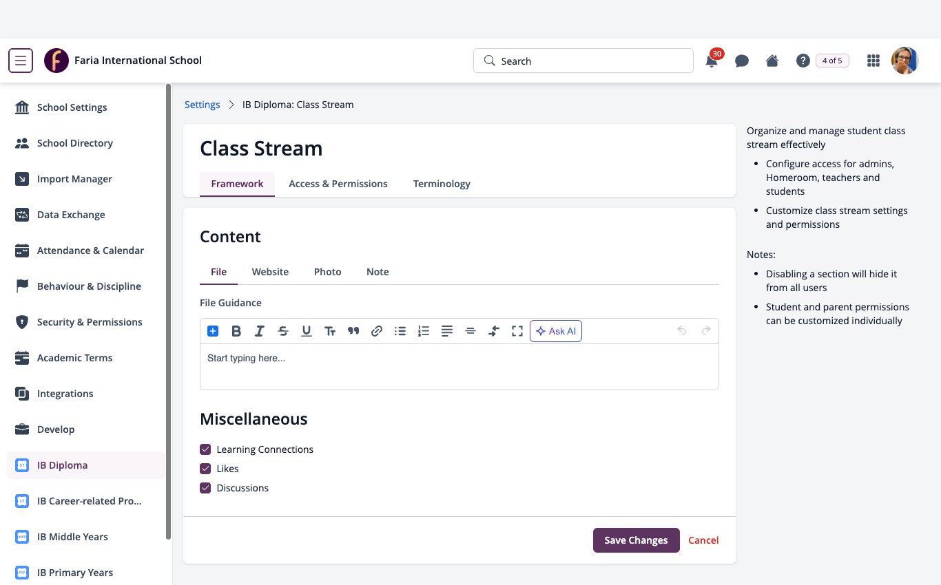 Screenshot: ManageBac+ Settings, IB Diploma, Class Stream with the left menu open