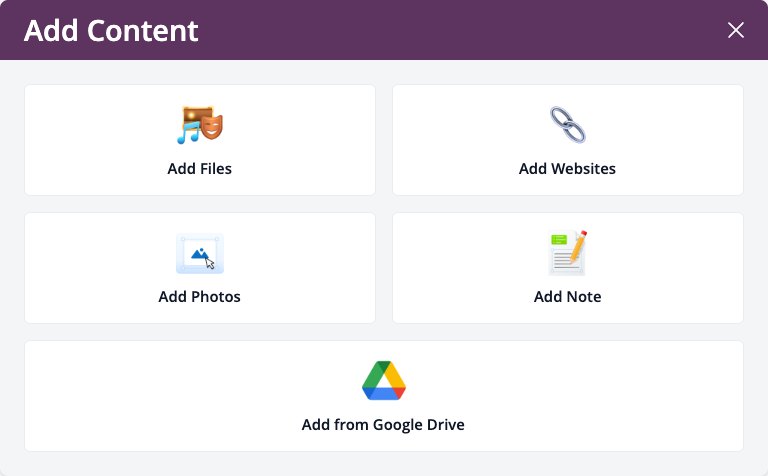 لقطة شاشة: إضافة محتوى باستخدام الملفات، ومواقع الويب، والصور، والملاحظات، وGoogle Drive