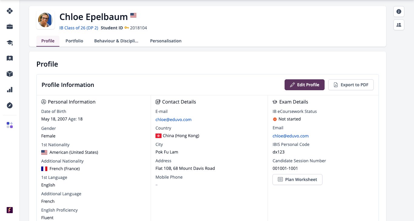Screenshot: a student profile with Edit Profile