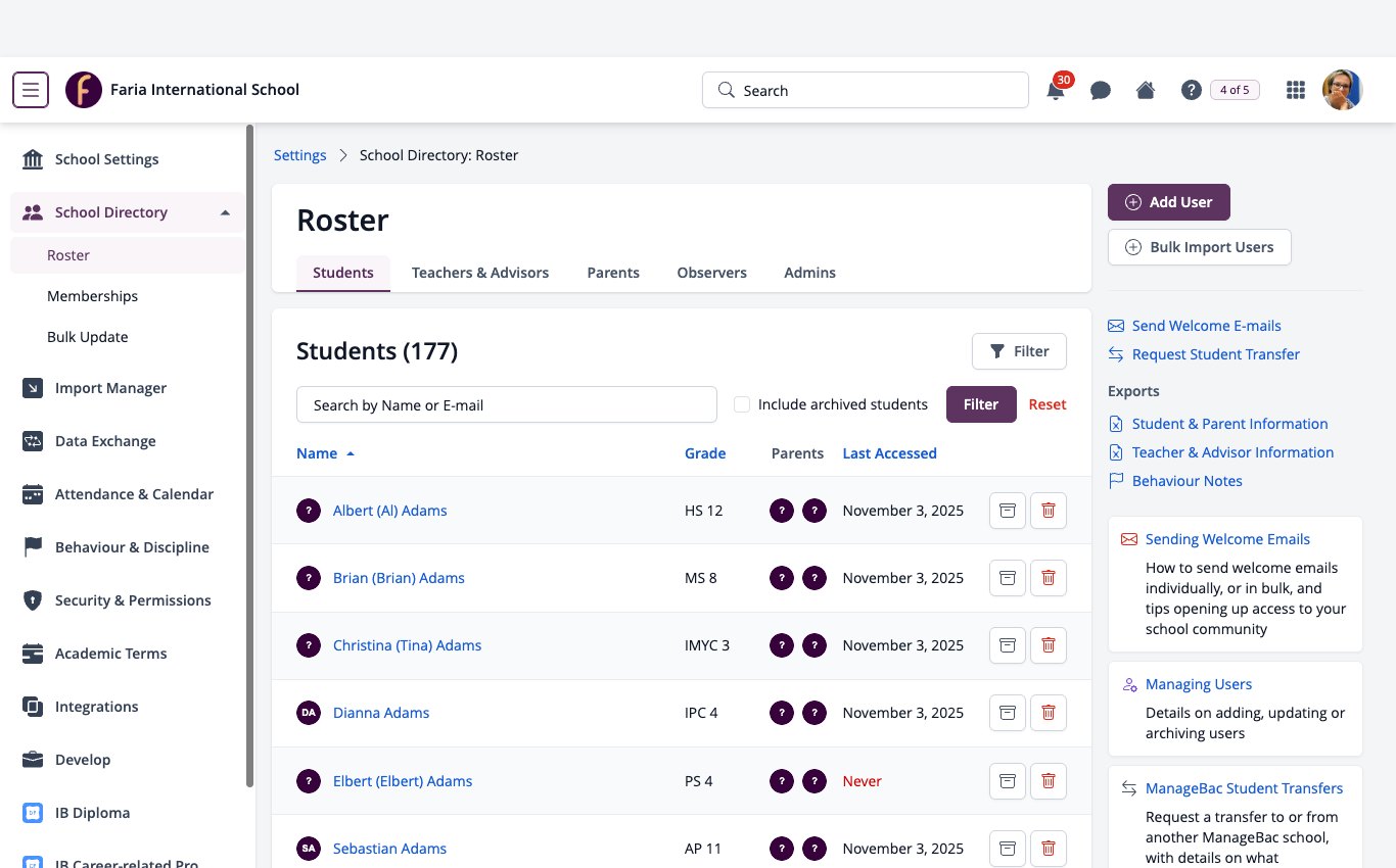 Screenshot: ManageBac+ Settings, School Directory, Roster
