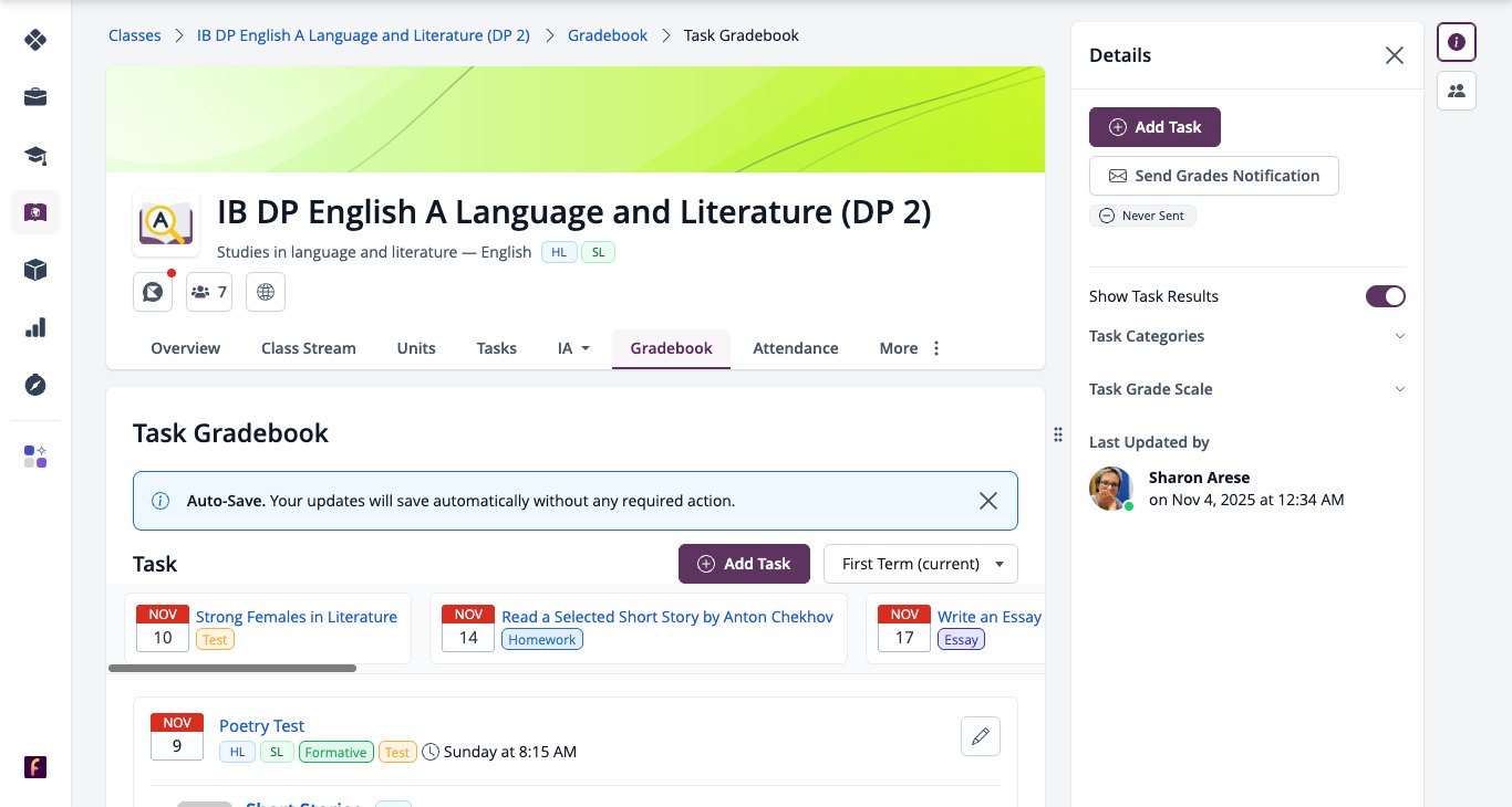 Screenshot: a task gradebook with Task Categories and Task Grade Scale in the Details panel