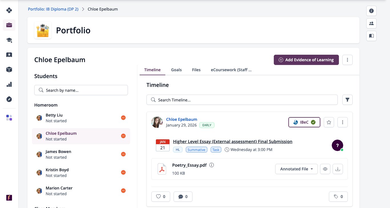 Screenshot: a student portfolio timeline with entries in date order