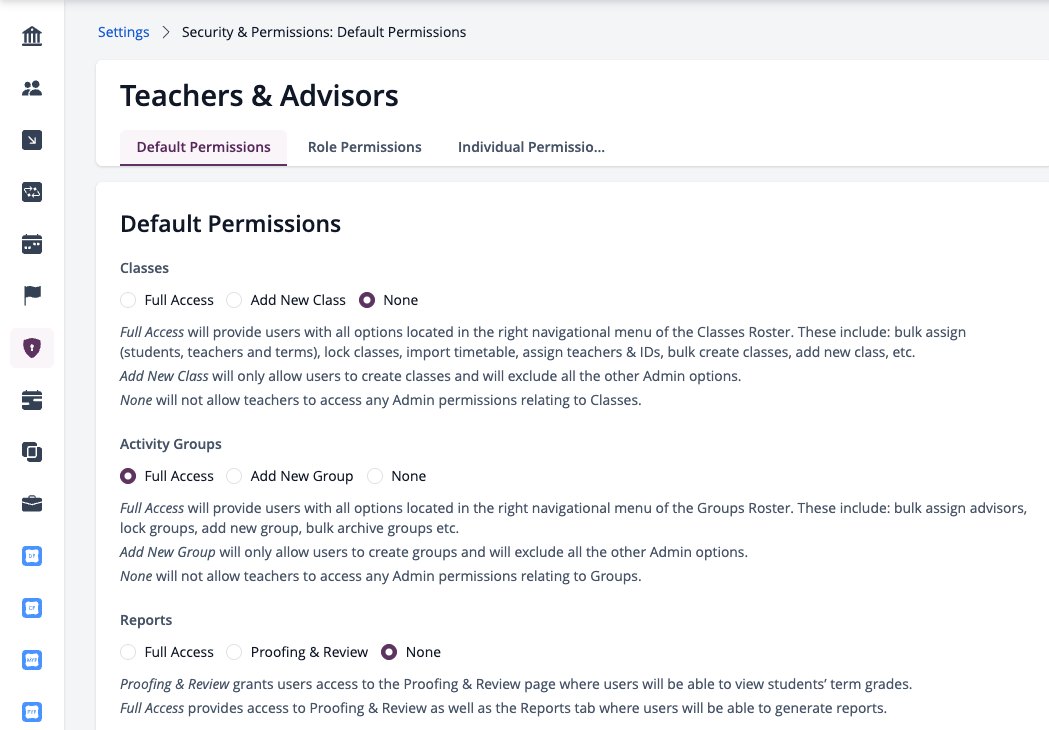 Screenshot: Settings > Security & Permissions > Teachers & Advisors > Individual Permissions