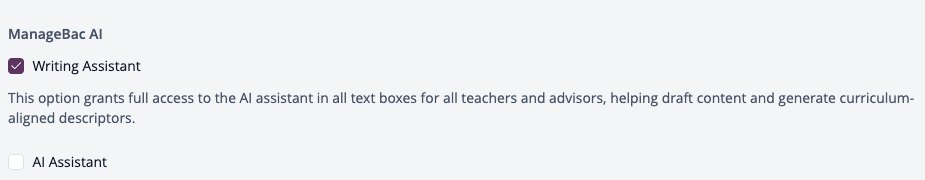 Screenshot: Settings > Security & Permissions > Teachers & Advisors > Default Permissions, ManageBac AI Writing Assistant