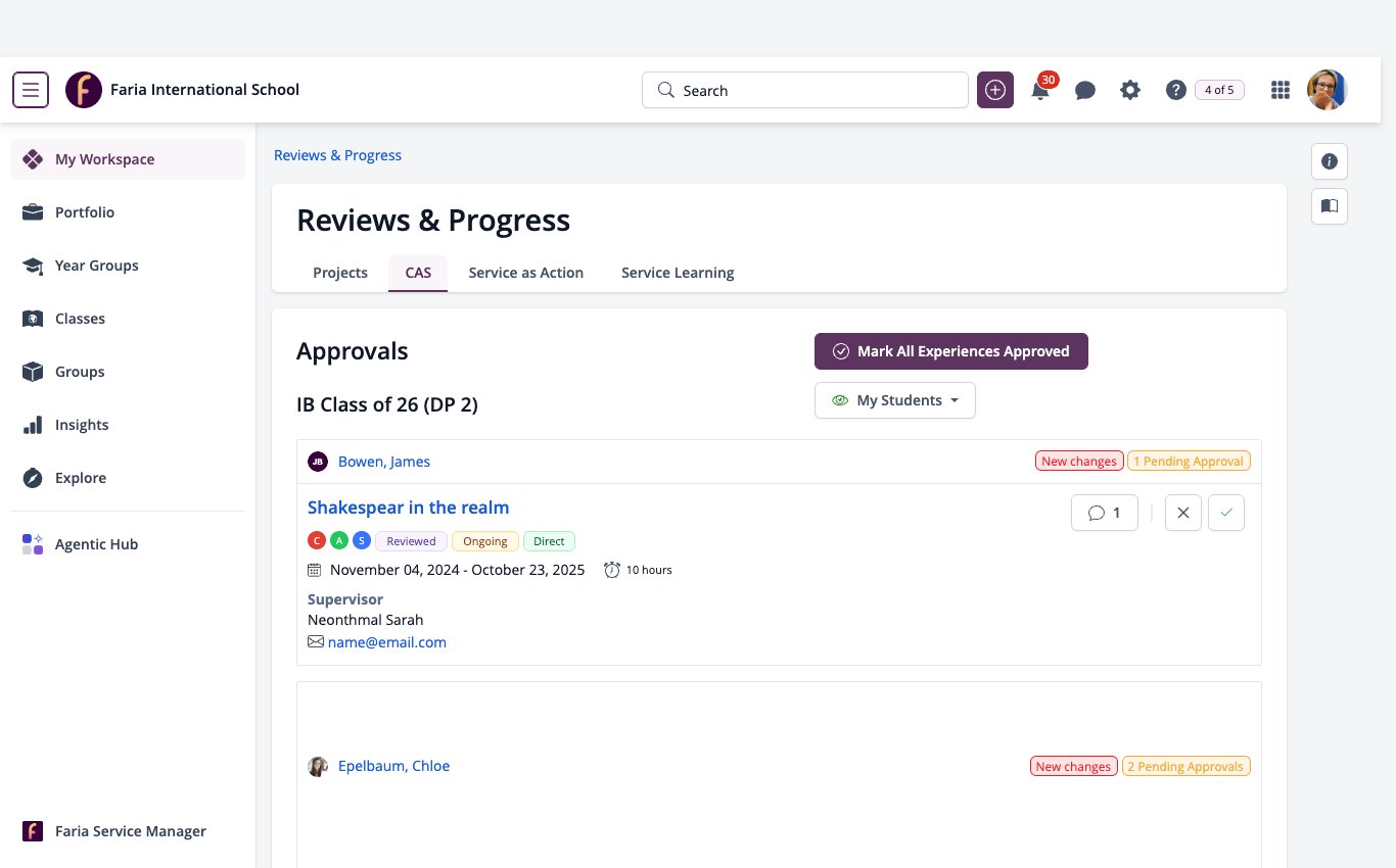 Capture d'écran : Menu Mon espace de travail avec les sections Révisions et Progression ouvertes sur Approbations CAS