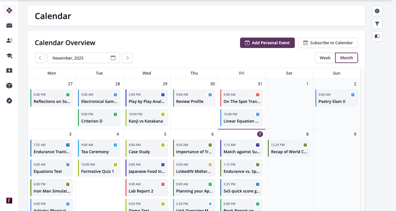 Capture d'écran : Calendrier étudiant avec les événements et les échéances de tous les cours