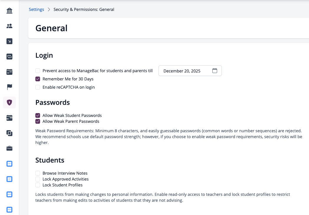 Captura de pantalla: Configuración > Seguridad y permisos > General con Bloquear perfiles de estudiantes