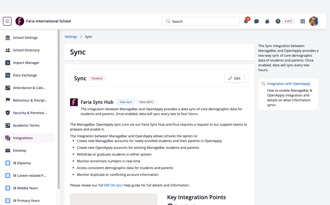スクリーンショット：Syncで統合を開いた設定