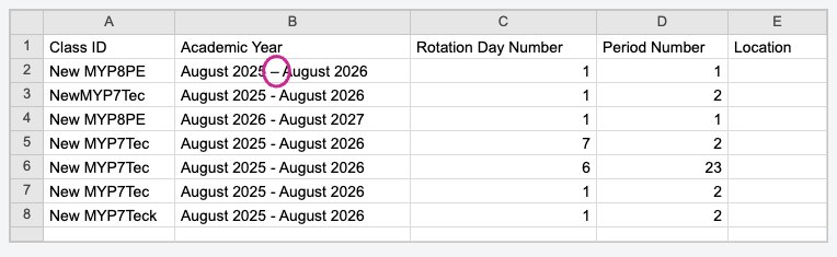 Spreadsheet: a long dash in the academic year highlighted