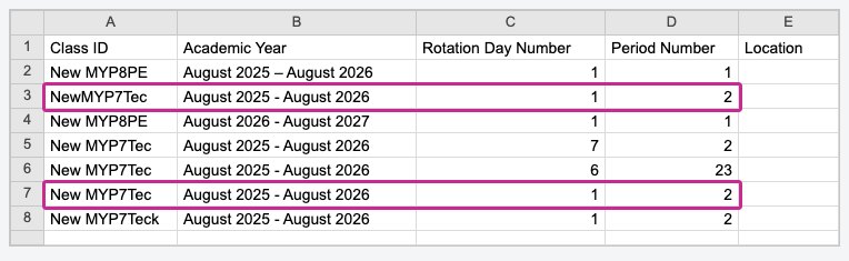 Spreadsheet: two rows with the same class, year, day and period highlighted