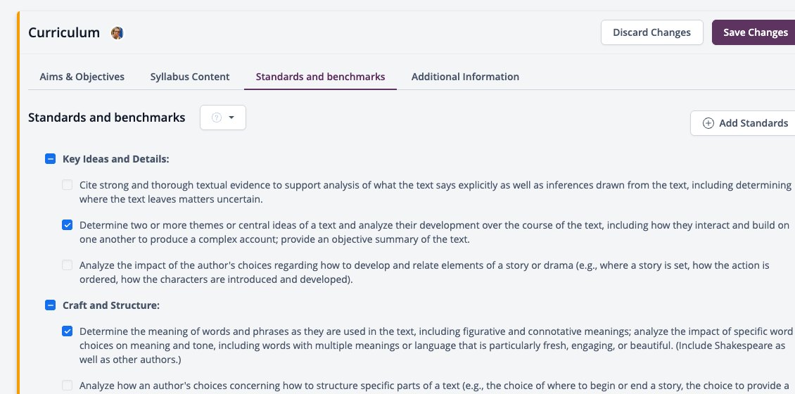 Screenshot: unit Planner, Curriculum section in edit mode with the Standards and benchmarks tab and the Add Standards button