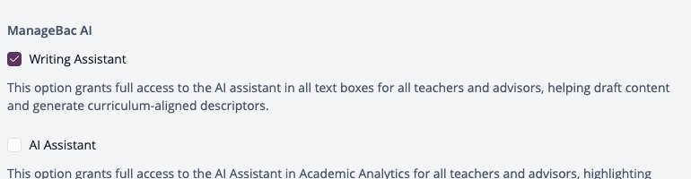 Screenshot: ManageBac AI section of Teachers & Advisors Default Permissions with Writing Assistant and AI Assistant
