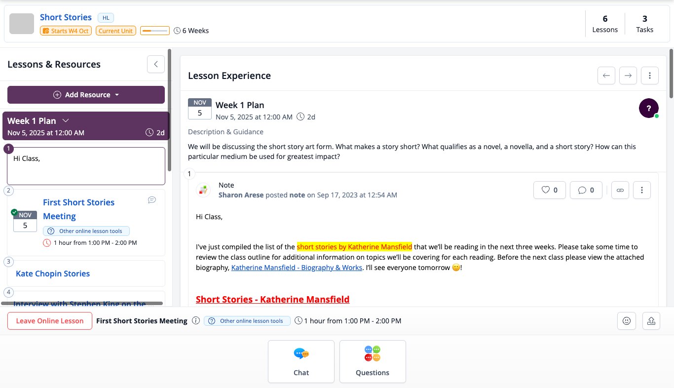 Screenshot: Presentation Mode with Lessons & Resources on the left, the lesson content and the Chat and Questions buttons