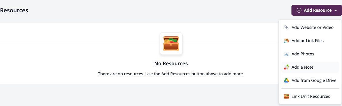 Screenshot: task Resources section with the Add Resource menu, including Link Unit Resources
