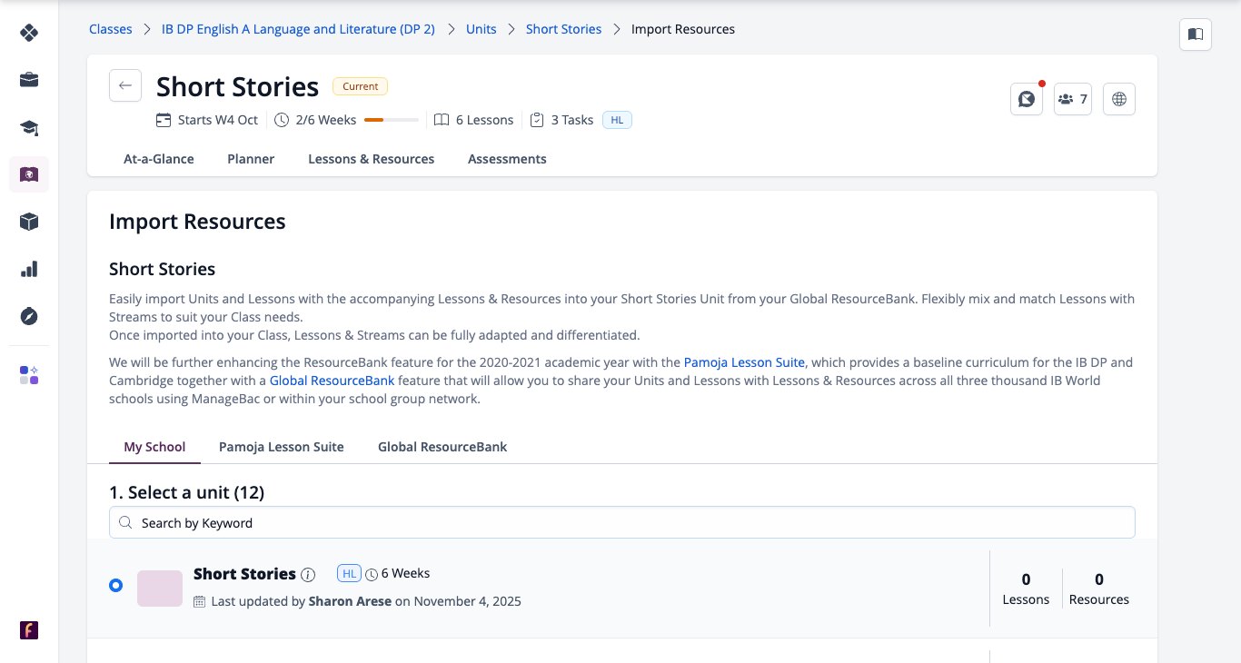 Capture d'écran : Page Importer des ressources avec les onglets Mon établissement, Pamoja Lesson Suite et Banque de ressources globale, et la liste des unités à importer.