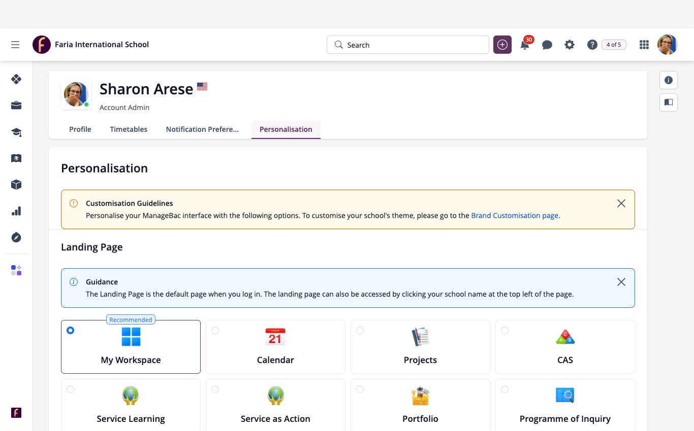 Capture d'écran : Onglet Personnalisation du profil avec les options de la page de destination