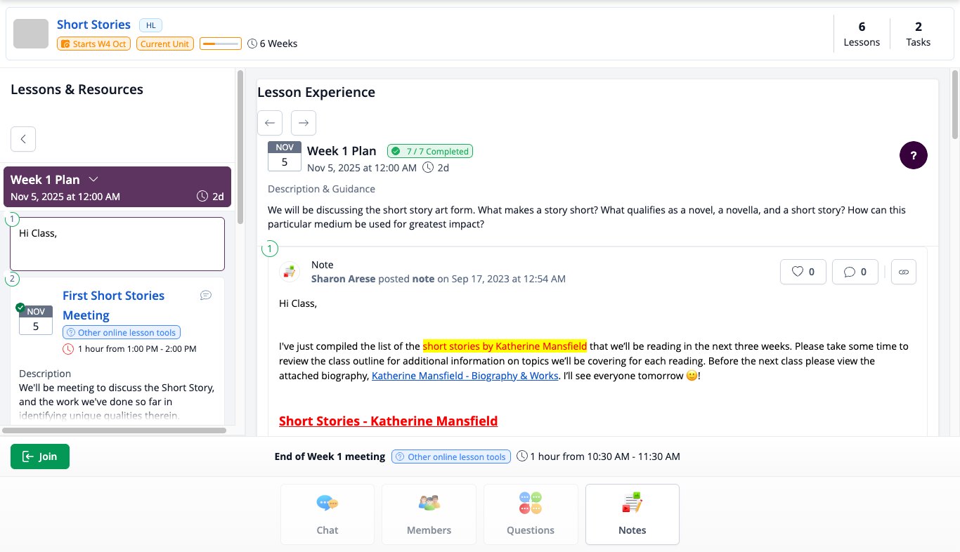 Screenshot: student Study Mode with Lessons & Resources on the left and the lesson content on the right