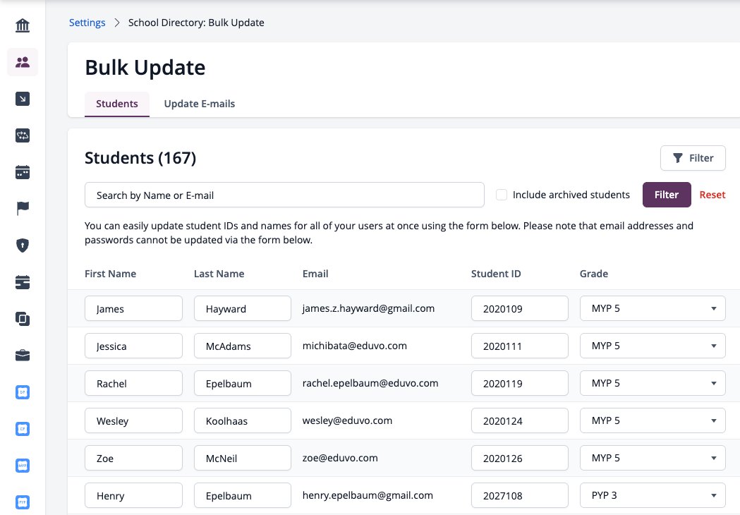 Screenshot: School Directory Bulk Update page with the Update E-mails tab