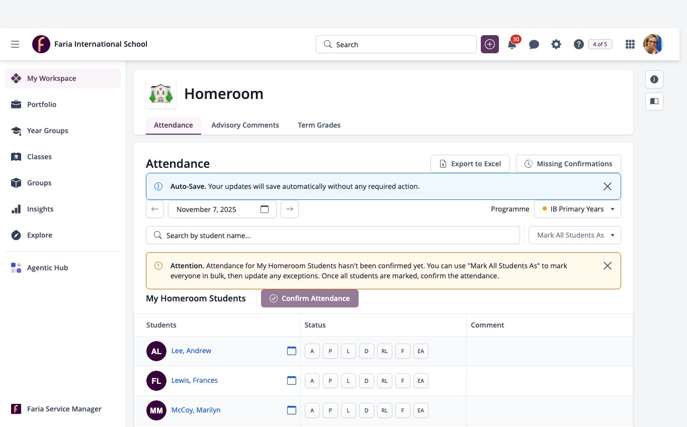 Menu Mon espace de travail avec la salle de classe ouverte et l'option Présence sélectionnée